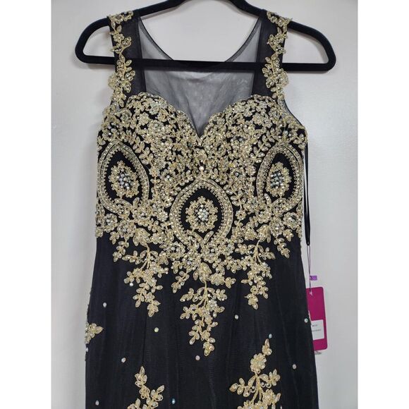 Abby Paris Tulle w/Embroidery Formal Gown Dress Black & Gold Size 4 - Picture 5 of 11